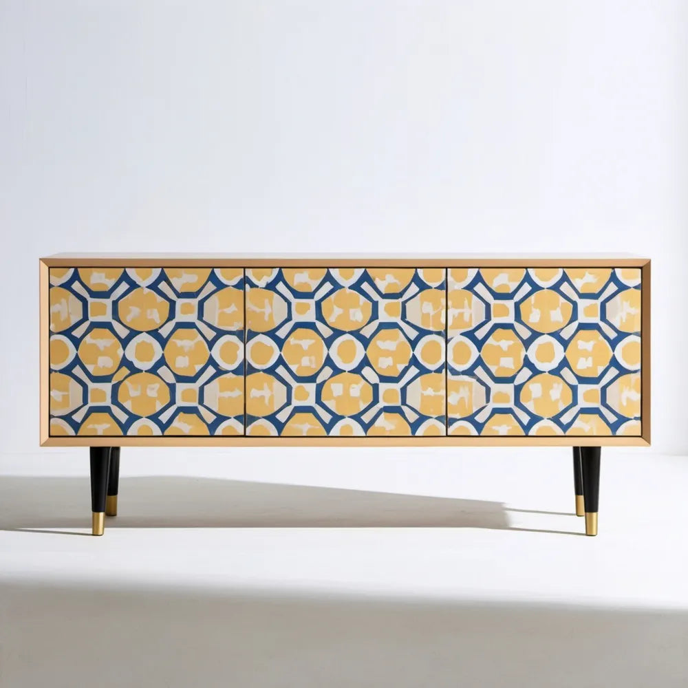 Szafka RTV MDF z geometrycznym wzorem żółto-granatowym, 160 x 40 x 75 cm