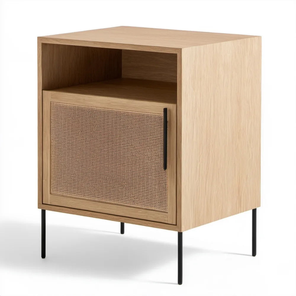 Szafka nocna z MDF w dekorze jasnego dębu z frontem z plecionki rattanowej, 40 × 35 × 60 cm