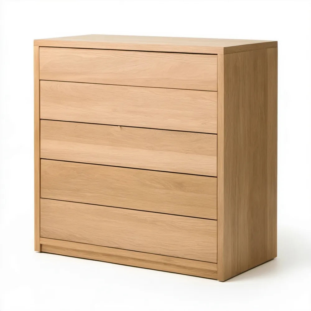 Komoda z 5 szufladami z litego drewna dębowego, naturalny dąb, 90 × 45 × 100 cm
