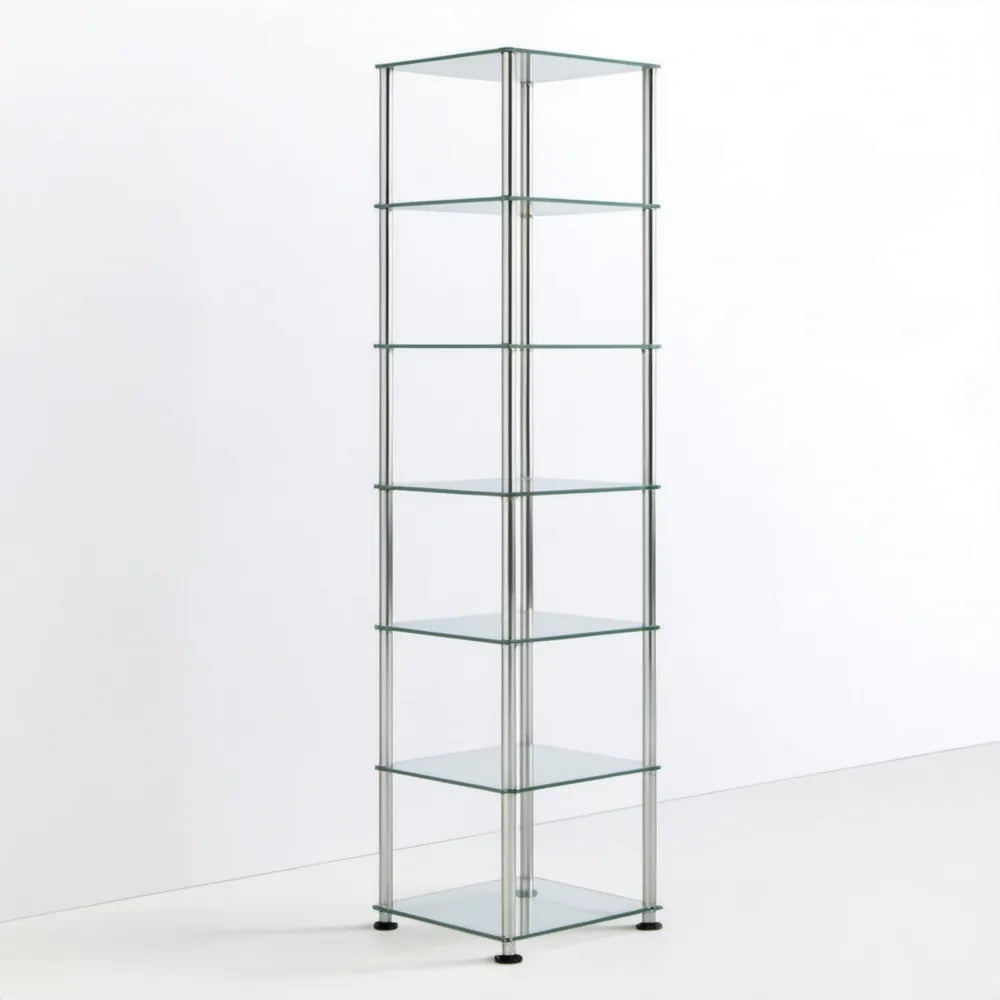 Szklany regał wolnostojący ze stali chromowanej 40 x 30 x 180 cm, 7 półek