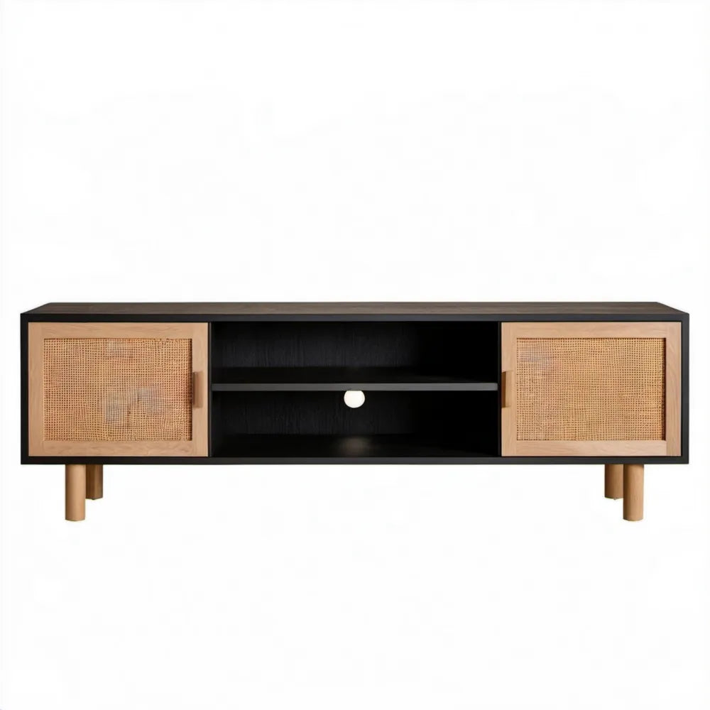 Szafka RTV z 2 drzwiami rattanowymi, czarno-naturalna, 140 x 40 x 50 cm