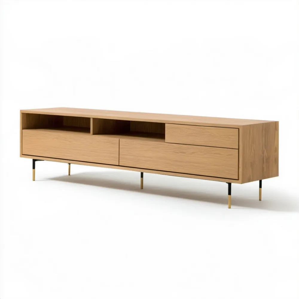 Szafka RTV z MDF w dekorze naturalnego dębu, czarna i złota, 180 x 40 x 55 cm