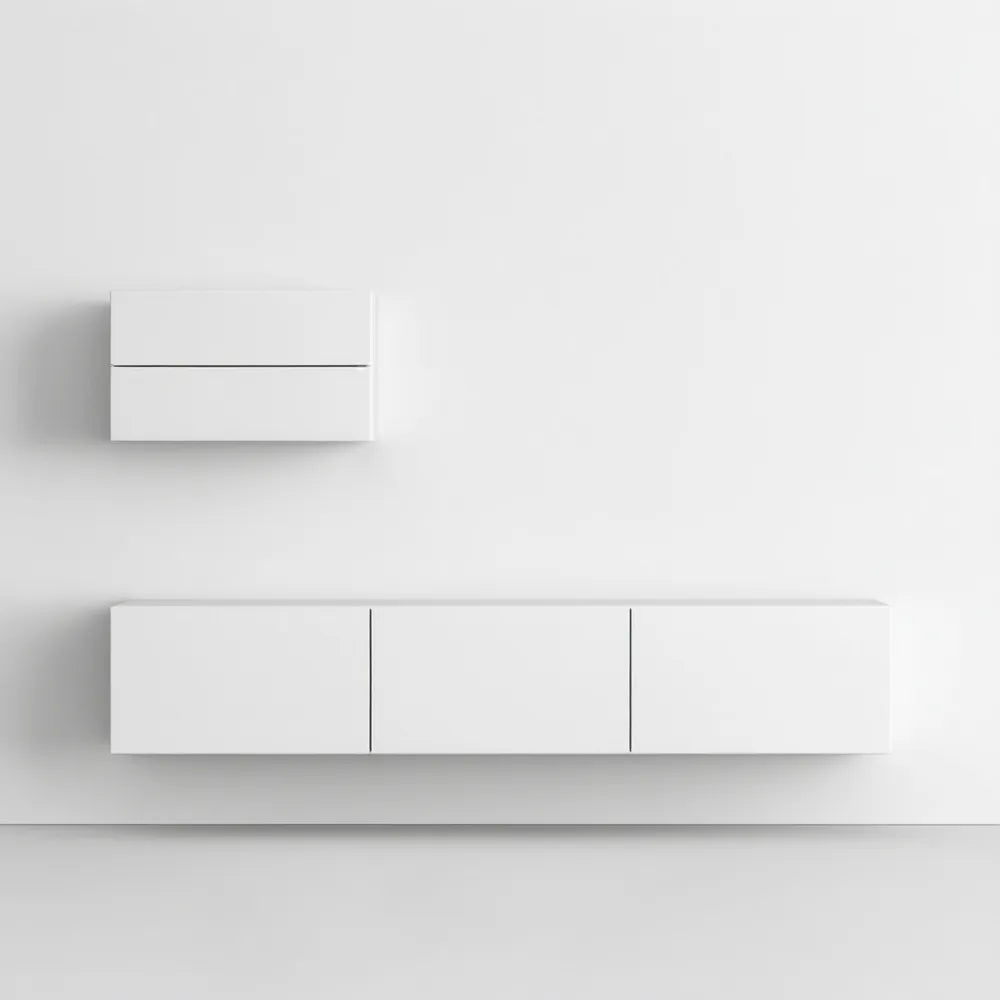 Biały zestaw wiszących szafek RTV z płyty laminowanej, 180 × 30 × 30 cm i 60 × 30 × 40 cm