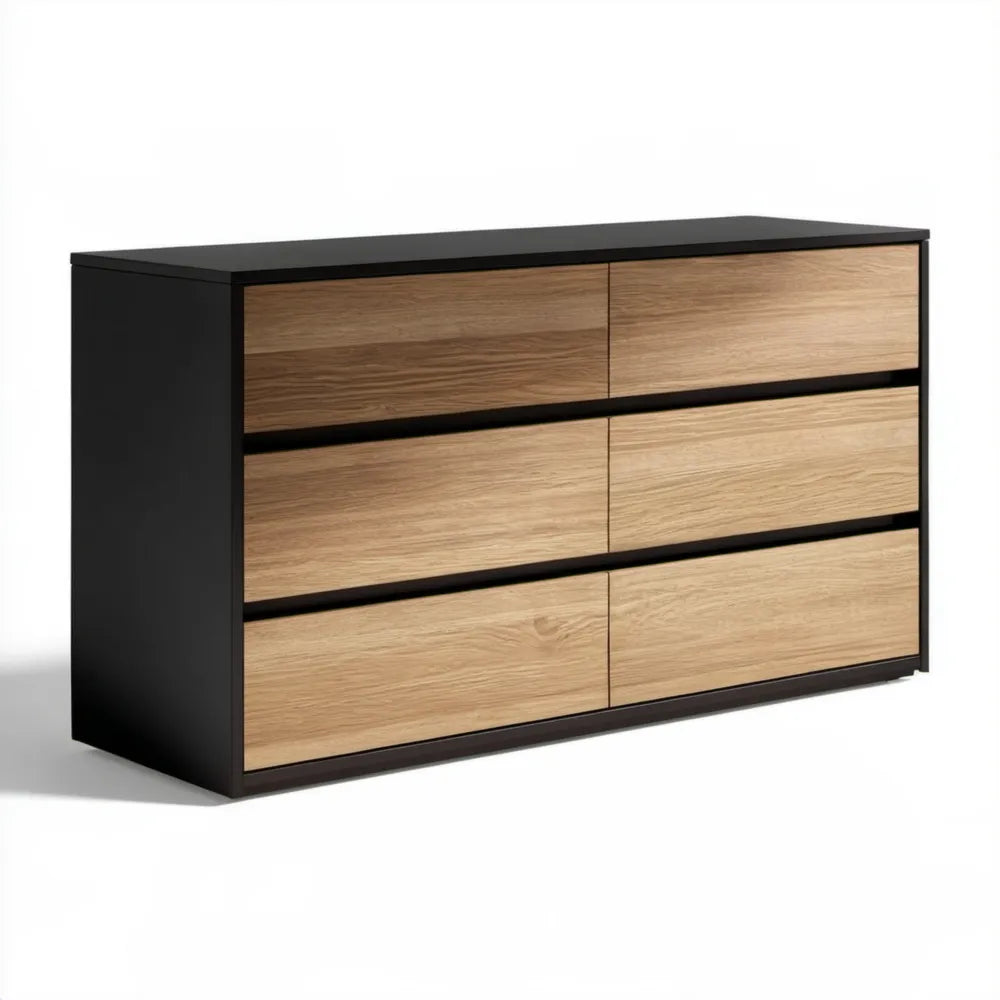 Komoda 6-szufladowa czarna/dąb naturalny 140 × 40 × 80 cm